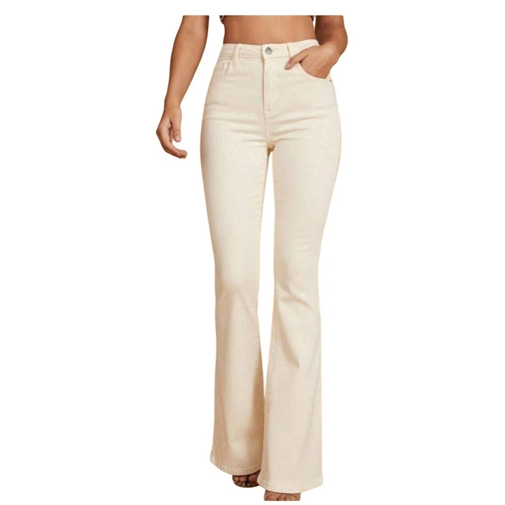Cream High Waisted Flare Jeans Off White Bell Bottom Pants Size L 28x34